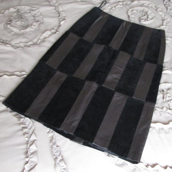 DKNY brown leather black suede knee length skirt